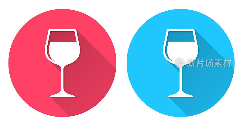 酒杯。圆形图标与长阴影在红色或蓝色的背景