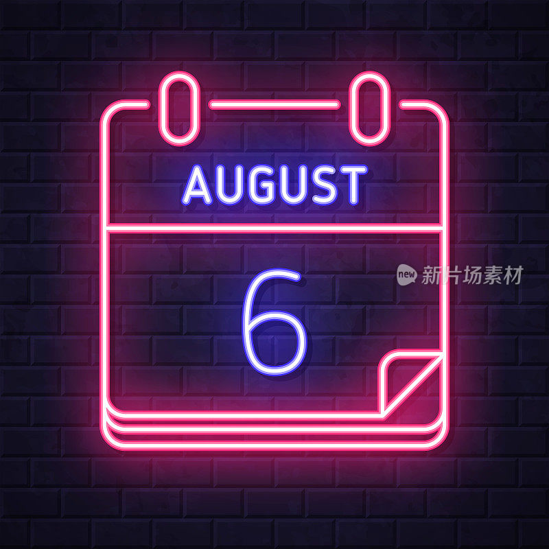 8月6日。在砖墙背景上发光的霓虹灯图标