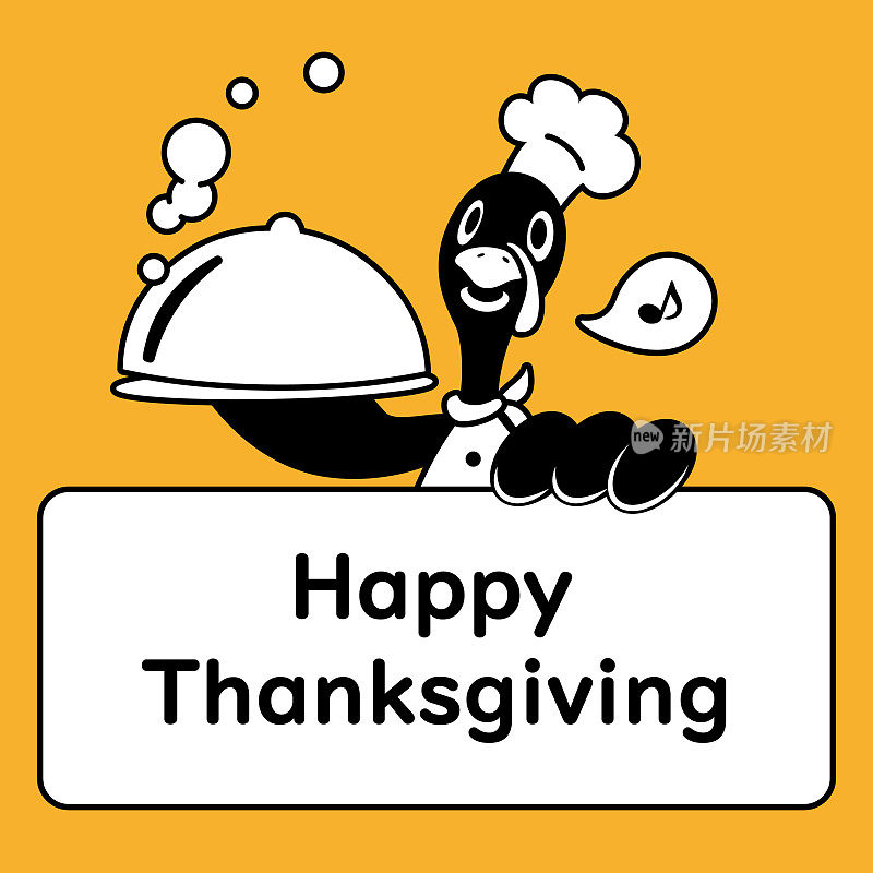 感恩节可爱的单色设计，一个火鸡厨师拿着一个问候标志，在一个圆顶盘子盖上提供食物