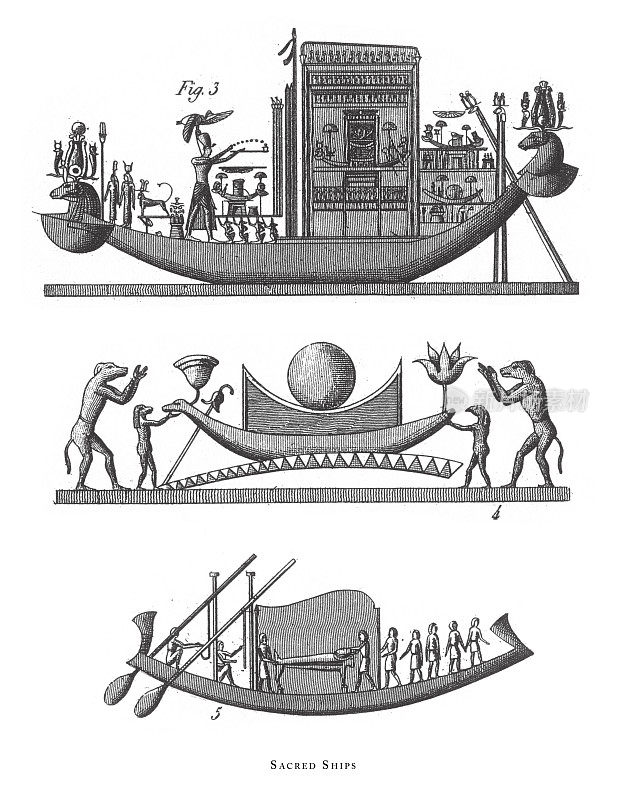 神圣的船:埃及神和宗教符号雕刻古董插图，出版于1851年