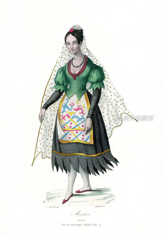 妇女与传统的墨西哥服装-手彩色点画雕刻1834