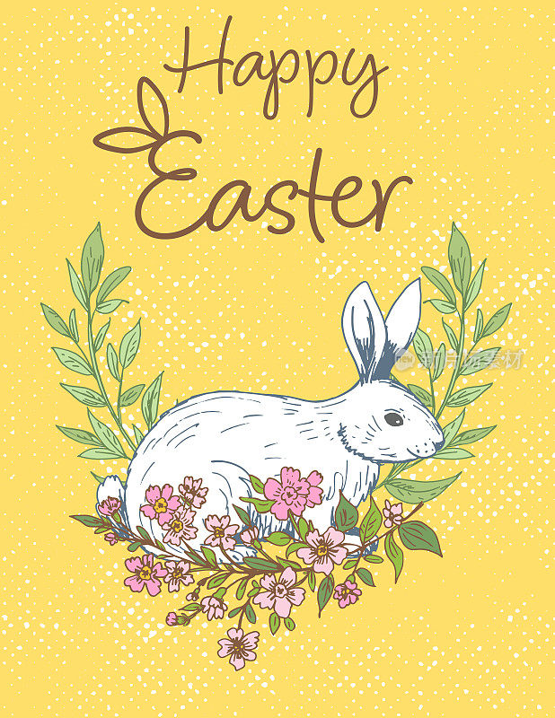 可爱的复活节卡片手绘兔子和春天的花朵
