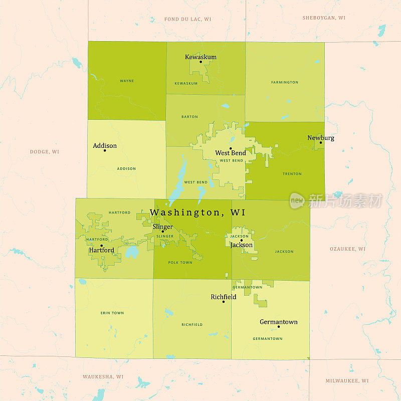 WI华盛顿县矢量地图绿色