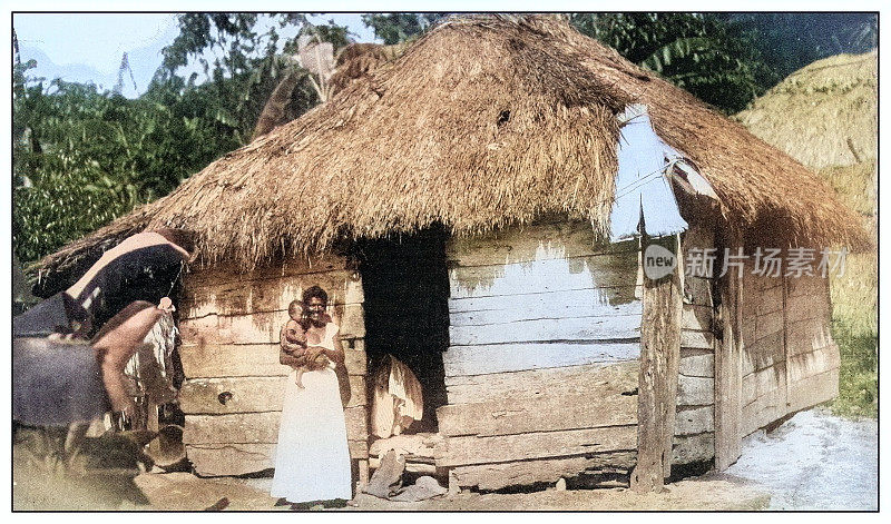 古色古香的黑白照片:咖啡采摘者的小屋和家庭，波多黎各瓜纳博
