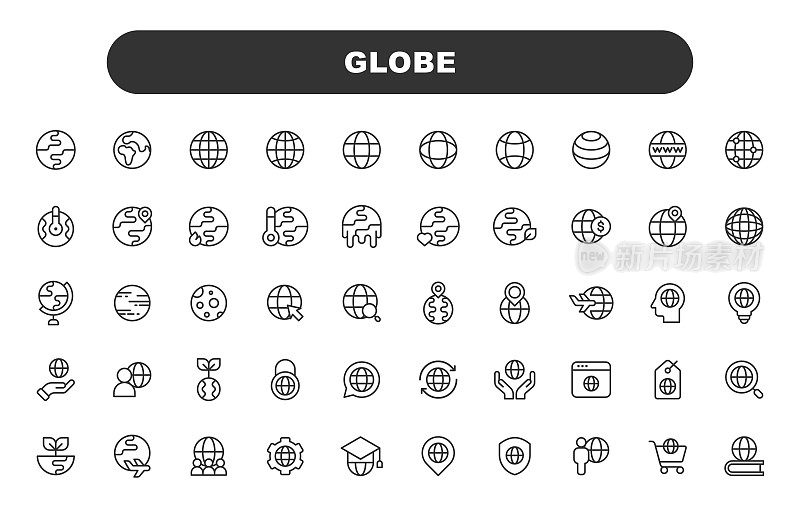 全球线图标。可编辑的中风。包含美国，地图学，地球，生态，教育，欧洲，地理，位置，地图，自然，导航，行星等图标。