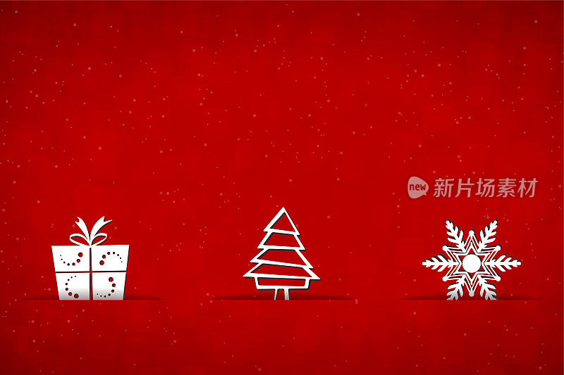 一个矢量插图的白色圣诞礼物盒与一个弓，树和雪花滑入三个狭缝在明亮的红色圣诞背景