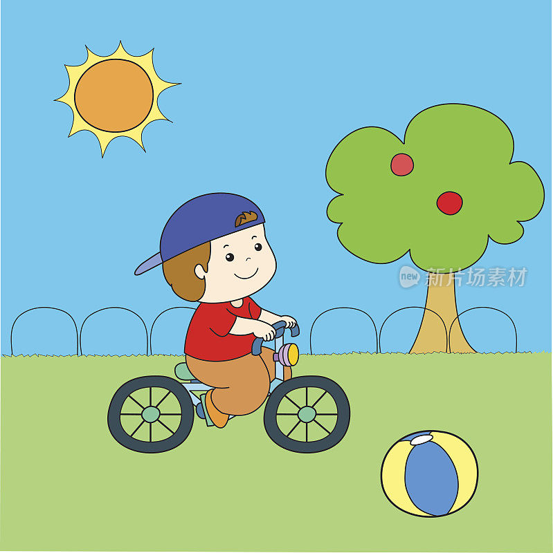 蓝帽子红衬衫男孩骑自行车矢量