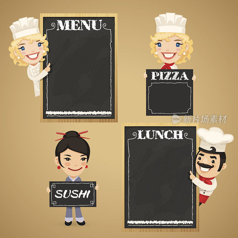 厨师卡通人物与黑板菜单