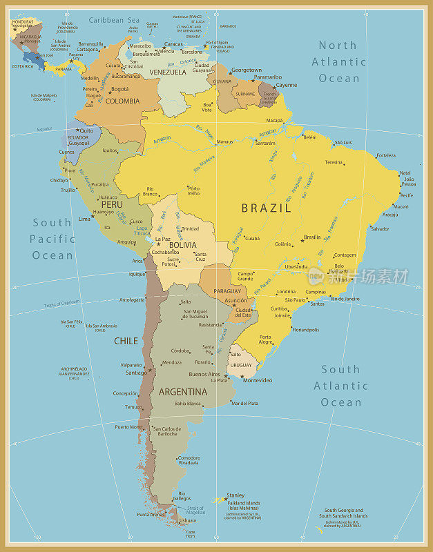 南美洲复古颜色详细地图