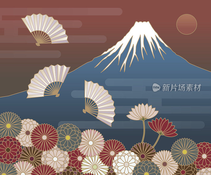 富士山，手扇和菊花，日本传统图案