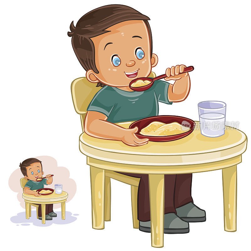 矢量插图的一个小男孩吃早餐