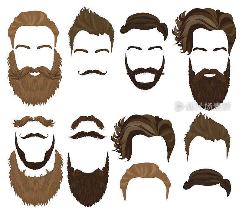 男人头发小胡子和胡须收集。男士潮人现实时尚复古元素