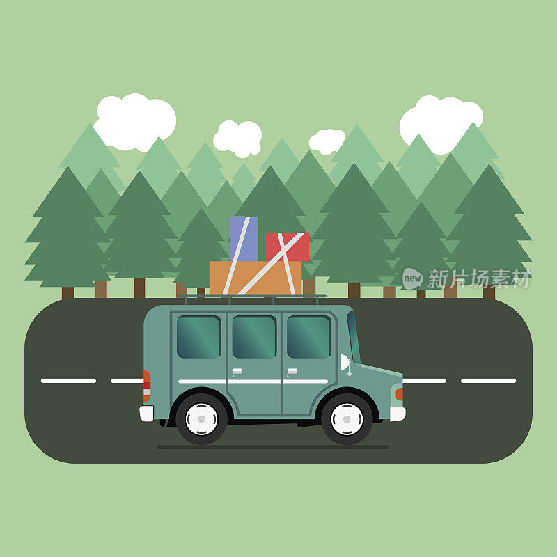 旅游车露营地景观。森林，树木，冷杉树和路。矢量插图在平面风格。