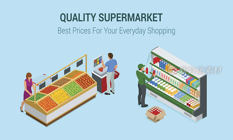 女人和男人在超市买蔬菜和水果。人在超市室内设计。最好的选择。新鲜食物。高质量的服务。