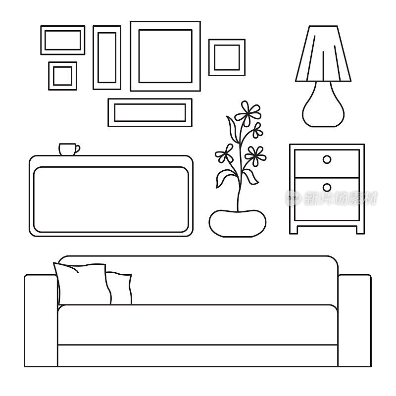 素描集孤立的家具。矢量插图在一个线性风格。
