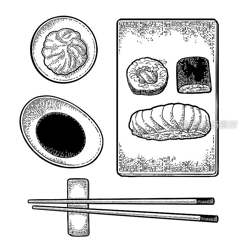 寿司。筷子，芥末，酱油，手握寿司，卷，板。