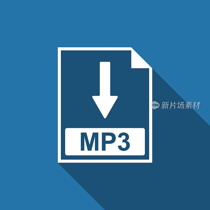 MP3文件文档图标。下载MP3按钮图标孤立与长阴影。平面设计。矢量图