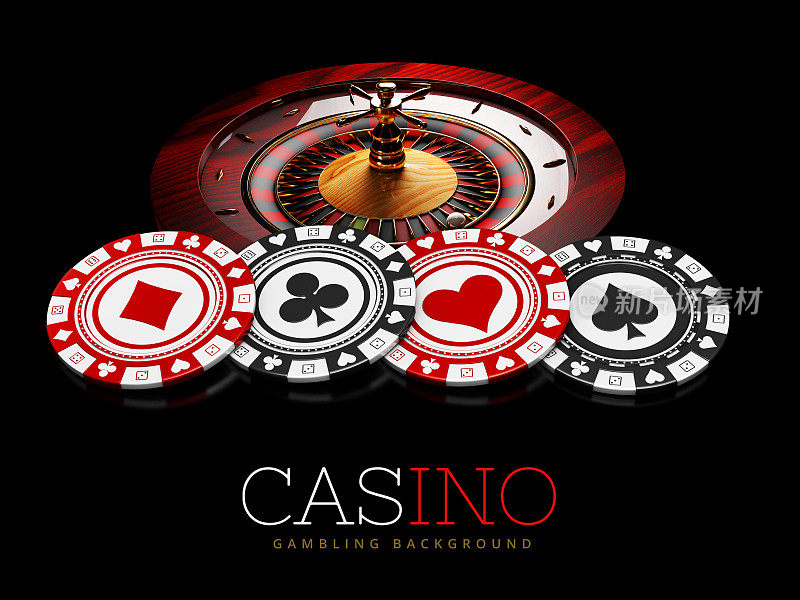赌场筹码和轮盘赌黑色背景，3d插图