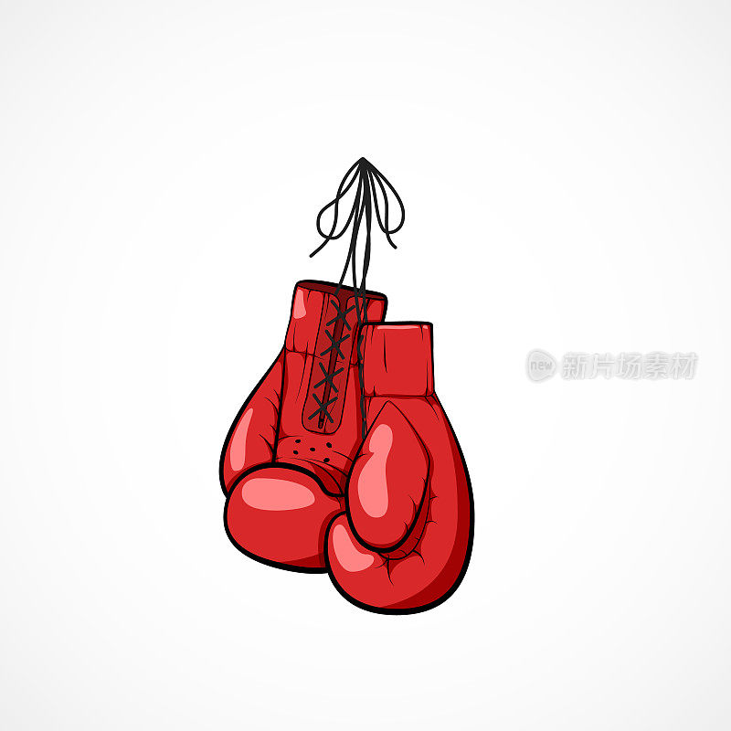一双红色的手画的平角裤，一根细绳的手套。拳击手套象征武术和运动。拳击比赛的概念。矢量插图孤立在白色背景