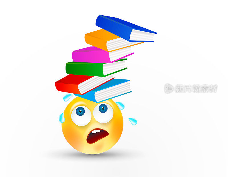 滑稽的圆脸，头上顶着一摞书或课本，白色背景上有表情或情绪。努力学习或工作的概念。矢量图标