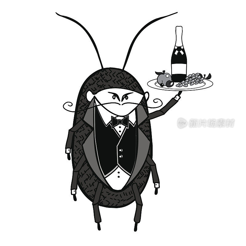 蟑螂服务员。一个欢迎风格的服务员角色拿着一个盘子
