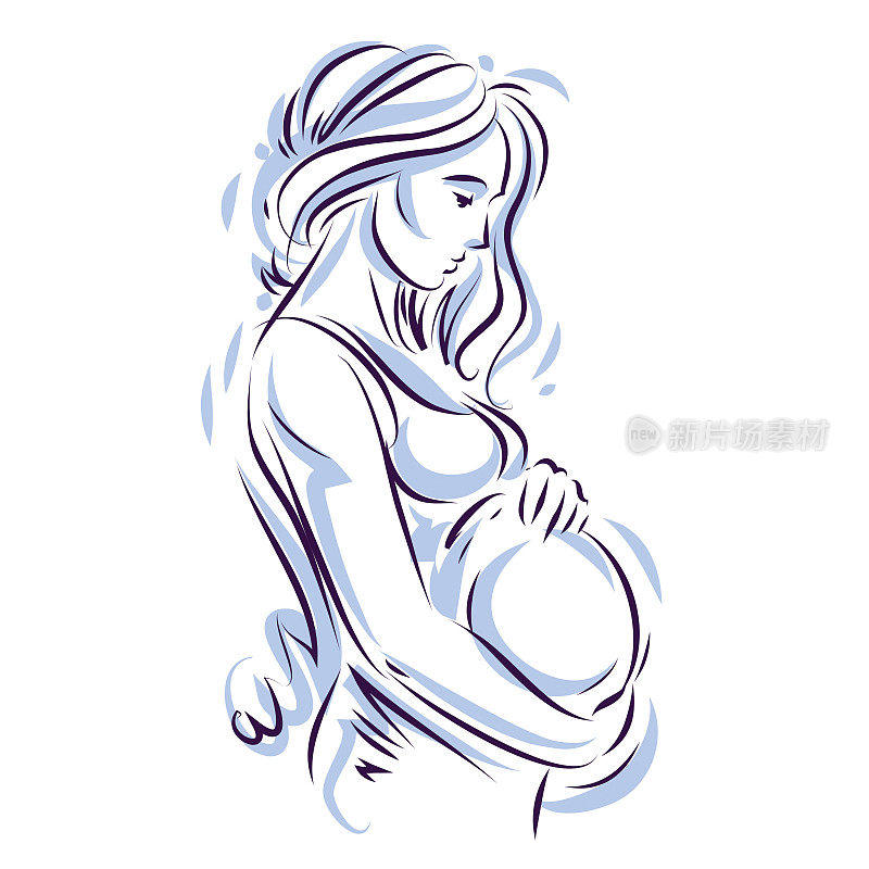 迷人的孕妇身体剪影画。矢量插图的母亲爱抚她的肚子。幸福和爱抚的概念。