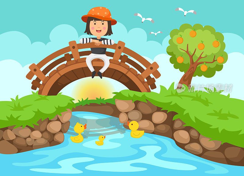 一个女孩坐在自然景观中的木桥上的插图
