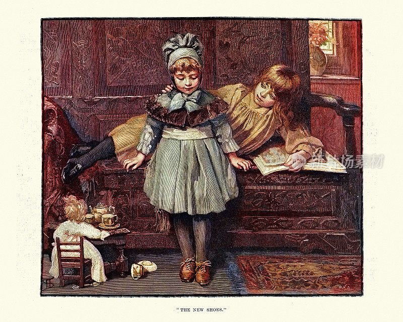维多利亚时代的小女孩在试穿她的新鞋，19世纪的样子
