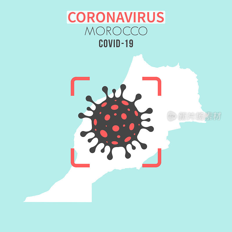 摩洛哥地图，红色取景器显示冠状病毒(COVID-19)细胞