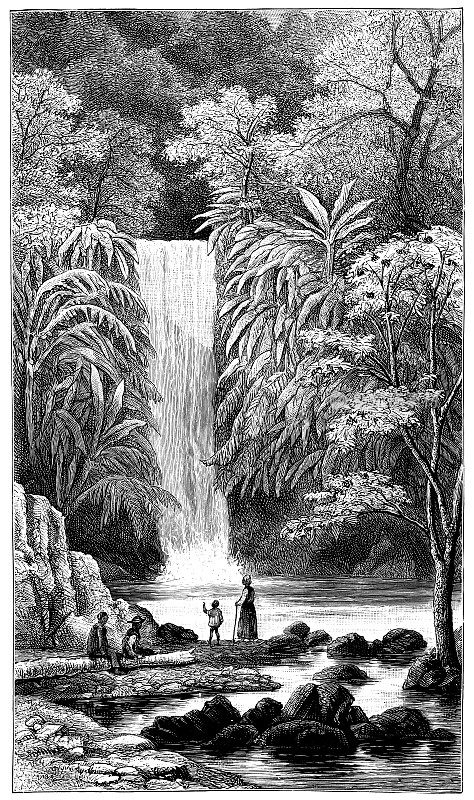 加勒比特立尼达岛迭戈马丁的蓝色盆地瀑布――19世纪
