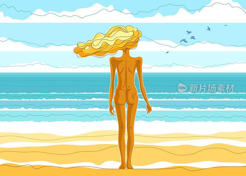 美丽苗条苗条的女孩裸体站在海边的沙滩上，看着大海或大海在平静的休息，矢量插图的暑假懒散美丽的海景。