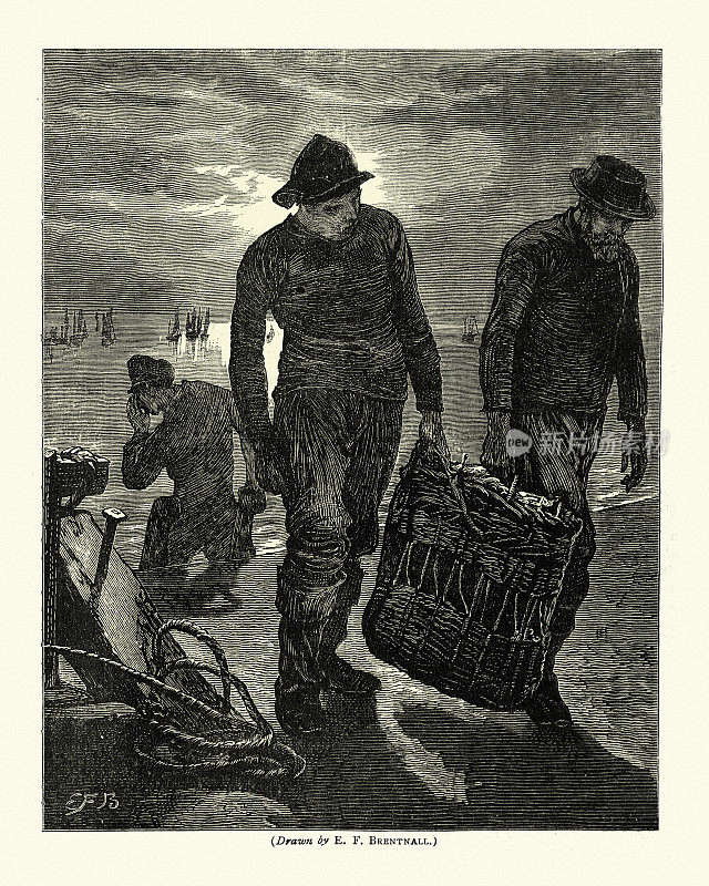 十九世纪，维多利亚时代的渔民带着捕鱼回家