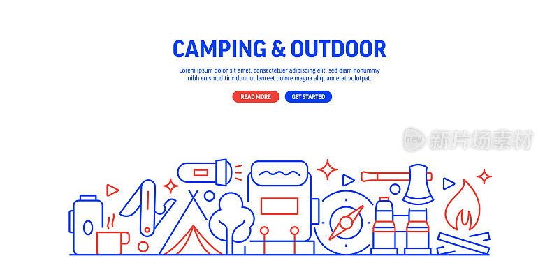 露营和户外活动相关的网页横幅线条风格。现代设计矢量插图的网页横幅，网站标题等。