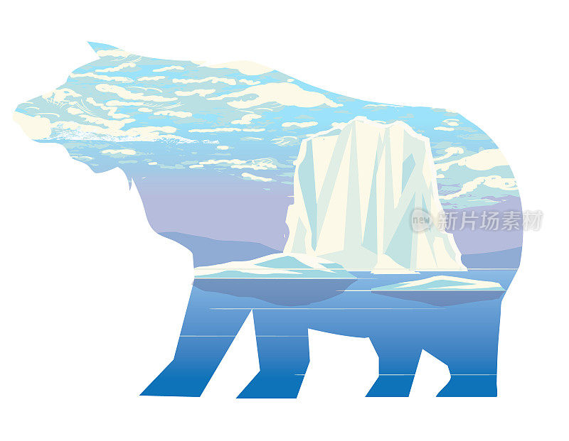 海洋中的冰山和熊的剪影