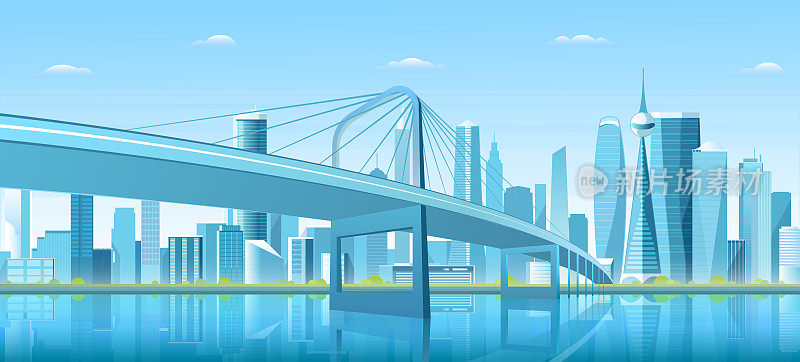 城市跨水湾大桥矢量插图，卡通平面现代新桥到市中心未来主义大都市，蓝色市中心城市景观背景