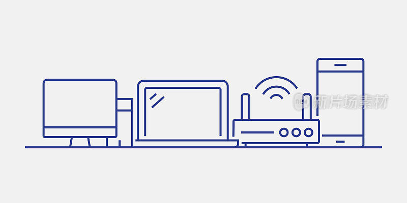 电子和计算机设备相关的网页横幅线条风格。现代线性设计矢量插图的网站横幅，网站标题等。