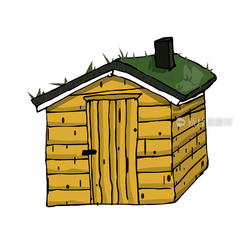 加拿大，斯堪的那维亚木制的黄色房子，屋顶上的绿草在白色的背景上