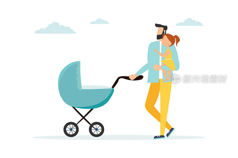 向量插图的幸福家庭，父亲与女儿和婴儿车，全向量的幸福家庭