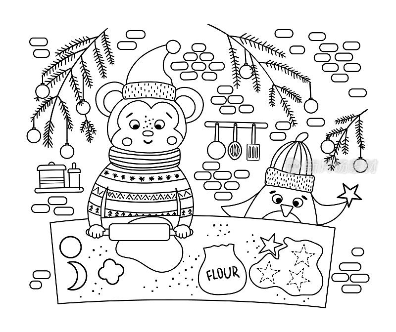 可爱的黑白圣诞准备场景，猴子和企鹅烤饼干。冬季线条插图与动物。有趣的卡片设计。新年用笑脸字印刷