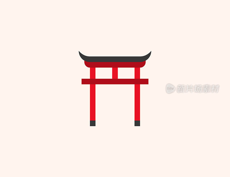 神道神社矢量图标。孤立的上野道日本地标平面彩色符号