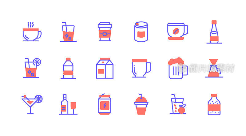 行图标的概念。饮料，茶，咖啡，牛奶，啤酒图标。