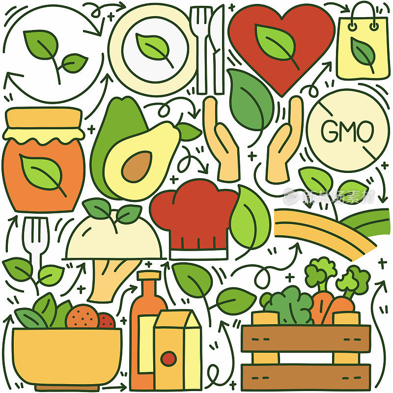 有机食品及产品相关涂鸦插图。手绘向量有机食品和产品符号和图标。