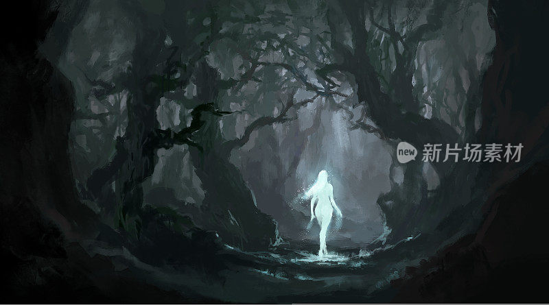 天使在静谧的原始森林里，数码绘画。
