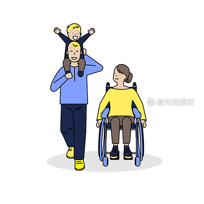 一位坐轮椅的残疾妇女和她的家人一起行走