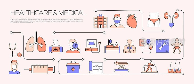 医疗保健和医疗相关的现代线条风格矢量插图