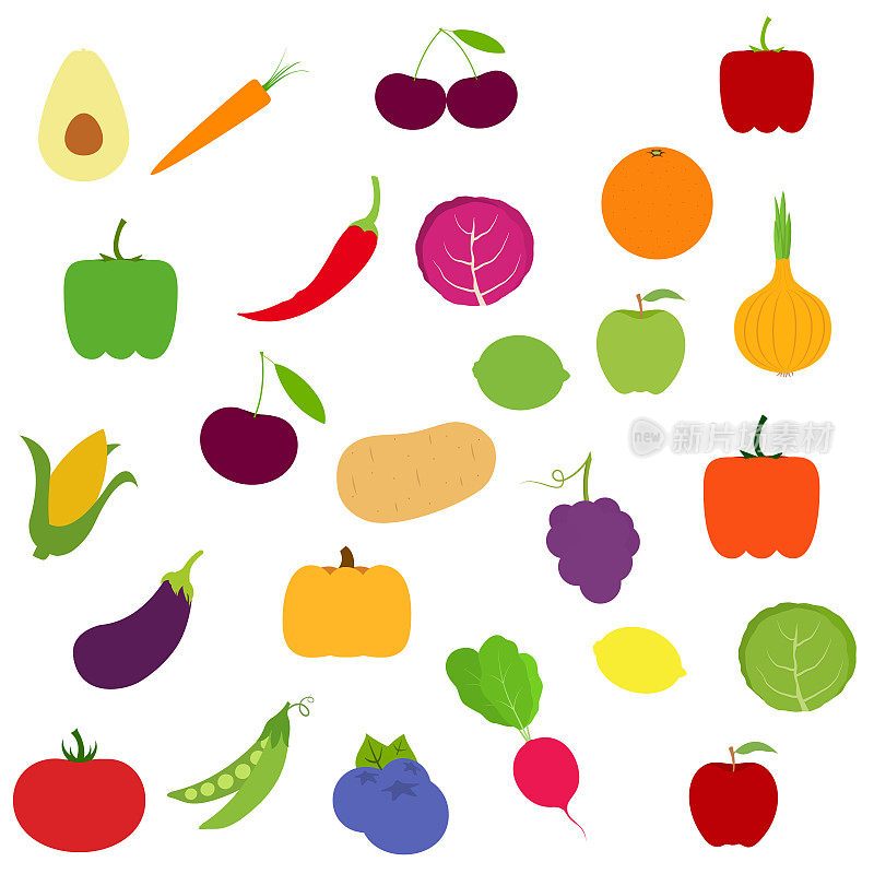 一套水果和蔬菜。不同颜色的蔬菜和水果。各种绿色蔬菜和水果，用于烹饪，种植在花园里。