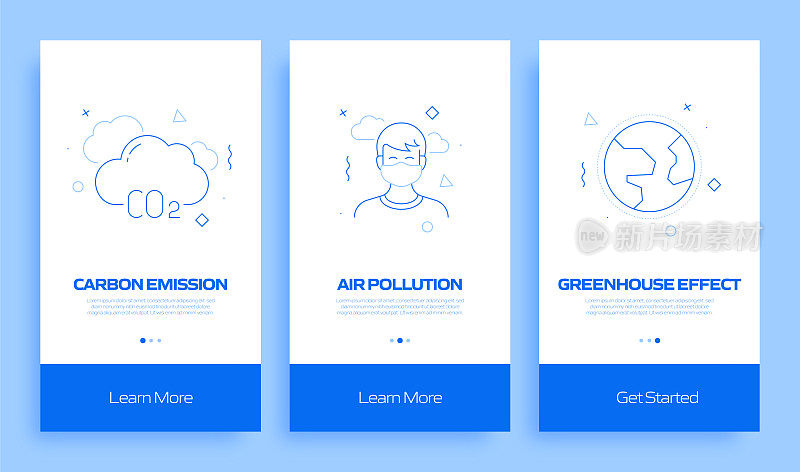 全球变暖概念在移动应用页面屏幕上的平面图标。用户体验，用户界面设计模板矢量插图