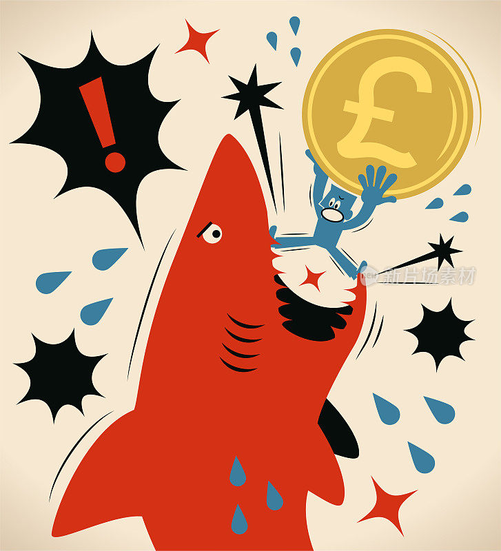 一位携带大量英镑的商人正受到鲨鱼的攻击
