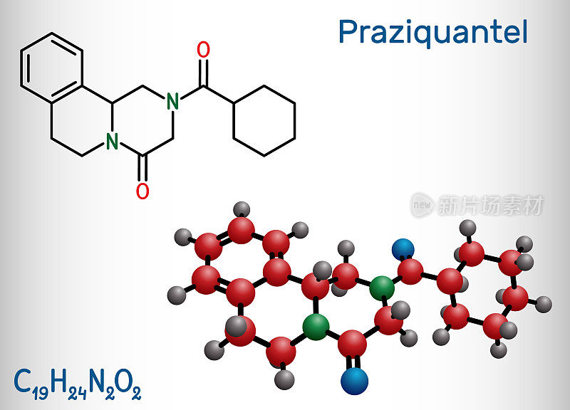 吡喹酮、PZQ分子。是治疗囊虫病、血吸虫病、绦虫病和吸虫病的驱虫药。结构化学式和分子模型