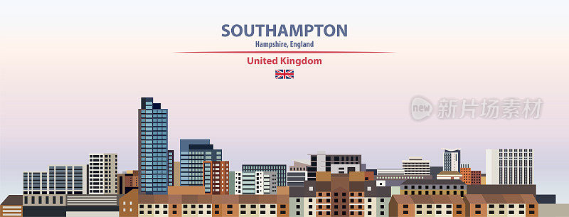 南安普顿城市风景日落天空背景矢量插图与国家和城市的名称和英国的旗帜